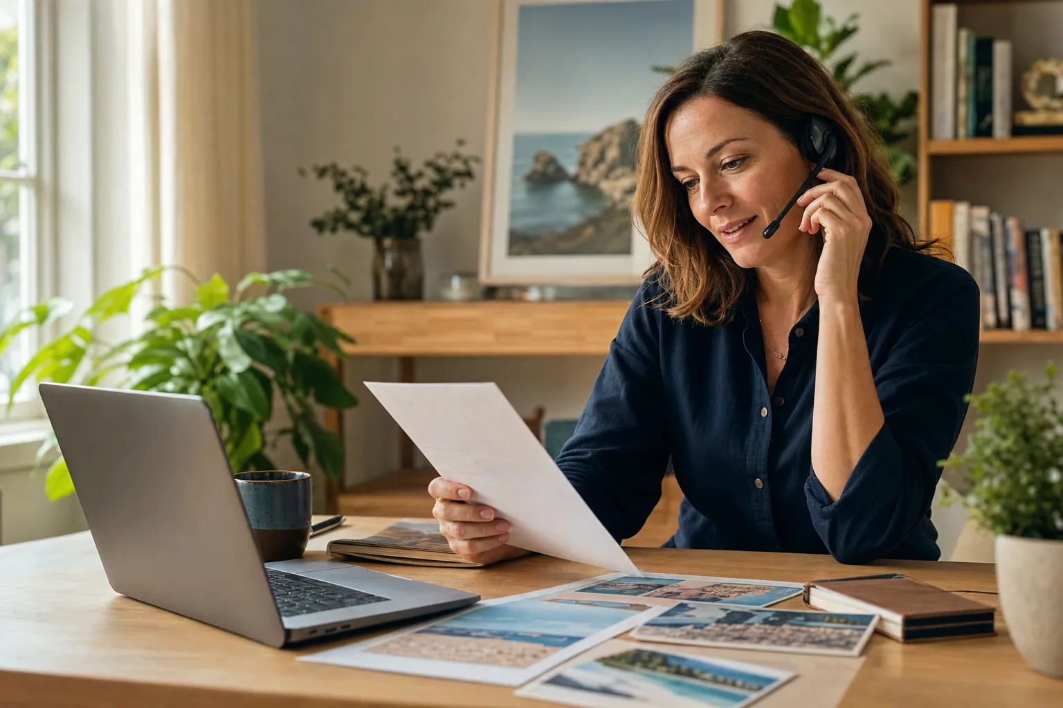 An independent travel adviser speaking to a customer from her home office
